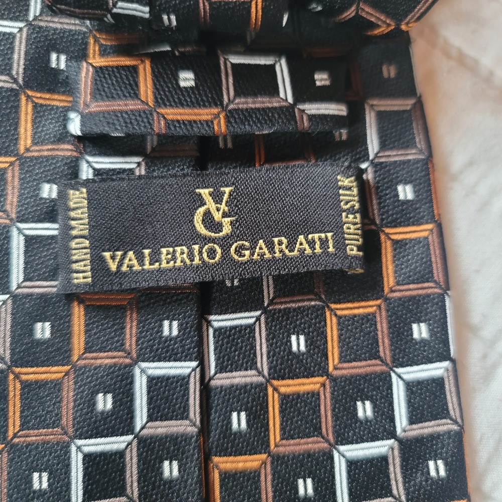Valerio Garati Mens Pure Silk Hand Made Geometric Pattern Necktie Black Orange